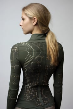 woman wearing futuristic circuit board pattern jacket photo