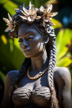 Ornate tribal statue with floral headdress photo