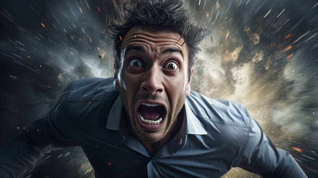 Shocked man in stormy weather photo