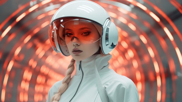 futuristic woman in white spacesuit with helmet photo