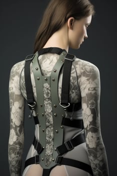 Futuristic fashion model with floral tattoos and harness photo