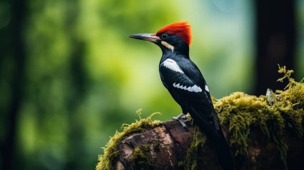 Colorful woodpecker perched on moss covered log photo