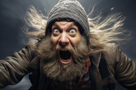 Surprised bearded man in winter clothing photo