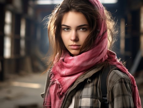 young woman with pink scarf in urban setting photo