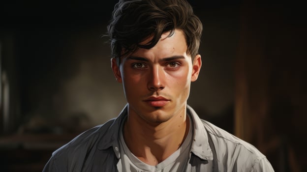 Intense young man with dark hair and serious expression photo