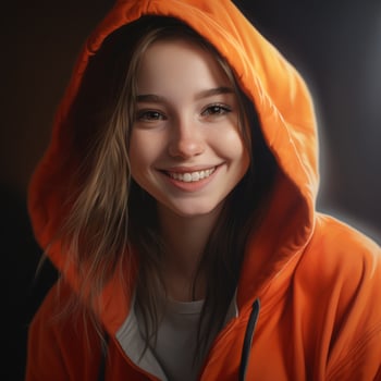 smiling woman in orange hooded jacket photo