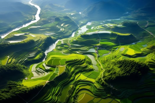 Aerial view of lush green terraced rice fields photo