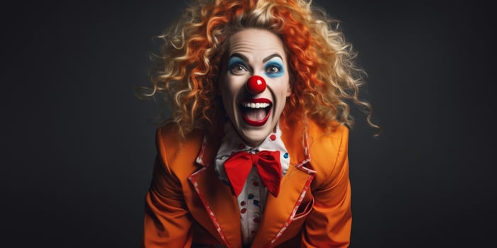 Excited clown with curly red hair and bright makeup photo