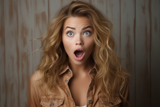 surprised woman with curly blonde hair photo