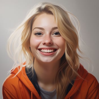 smiling woman with blonde hair wearing orange jacket photo
