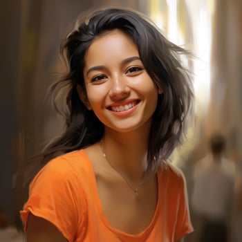 Smiling asian woman in orange top photo