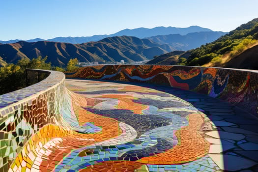 Colorful mosaic mural overlooking mountain landscape photo