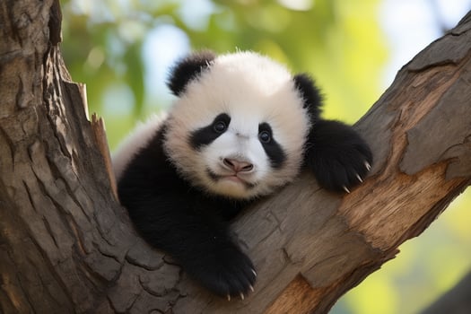 Cute panda bear resting on tree branch photo
