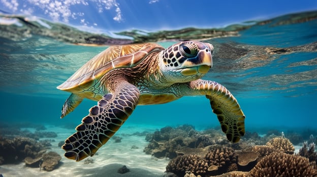 Underwater sea turtle swimming over coral reef photo