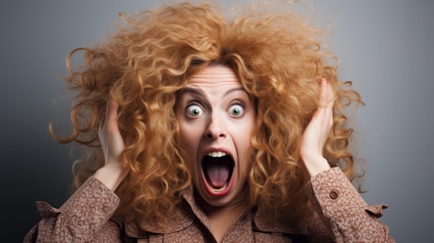 Surprised woman with wild curly hair photo