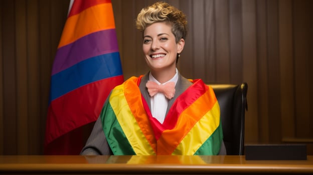 smiling woman in colorful pride flag photo