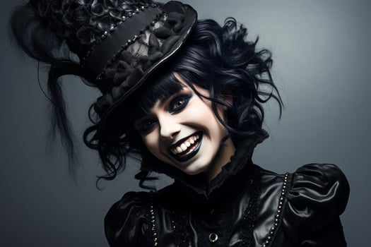Smiling gothic woman with dark makeup and curly hair photo