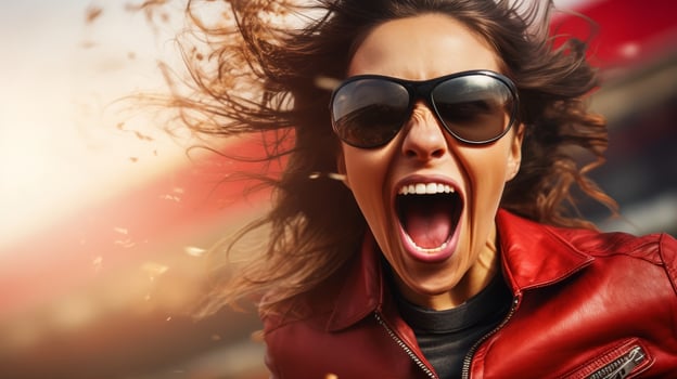 Energetic woman with windblown hair and sunglasses photo