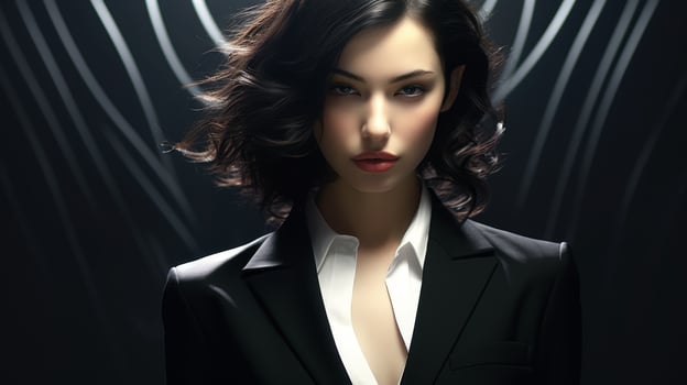 Confident woman in black suit with wavy hair photo