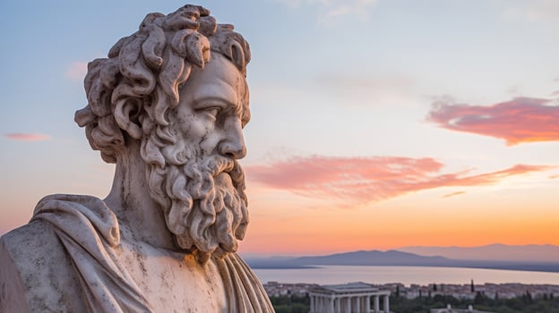 ancient greek statue overlooking city at sunset photo