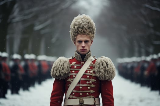Soldier in winter uniform standing in snow photo