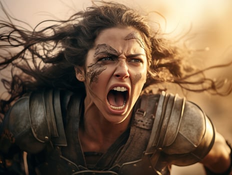 Fierce warrior woman screaming in battle photo