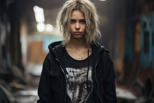 Moody portrait of a young woman with messy blonde hair photo