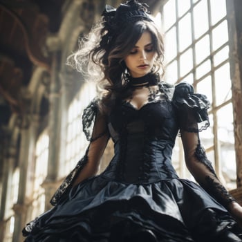 Gothic fashion portrait of a woman in a black lace dress photo