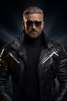 Rugged man in black leather jacket and sunglasses photo