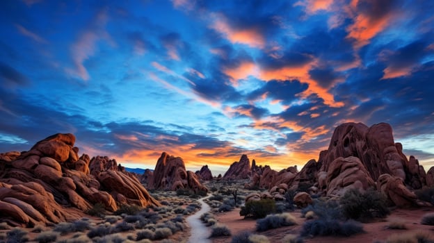Dramatic sunset over rocky desert landscape photo