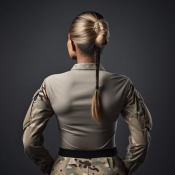 Rear view of woman in military uniform with braided hair photo
