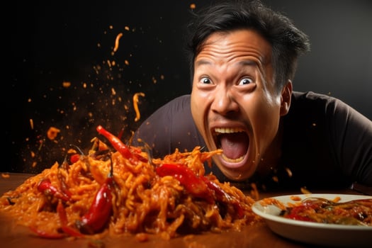 Excited man eating spicy food photo