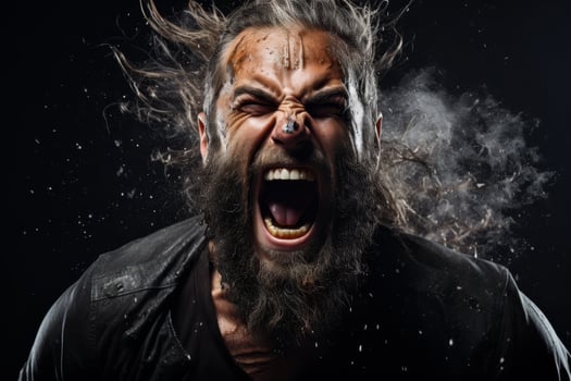 Intense bearded man screaming in anger photo