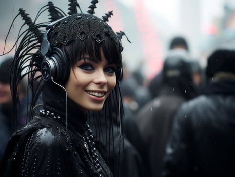 young woman with unique gothic headpiece and headphones smiling in a crowd photo