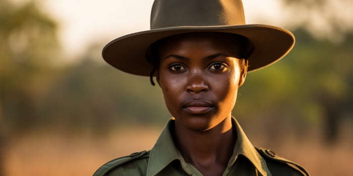 Portrait of a serious young woman in safari attire photo
