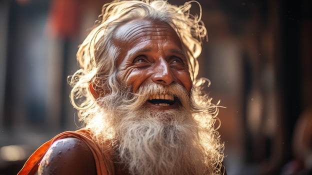 Smiling elderly man with long white beard and curly hair photo