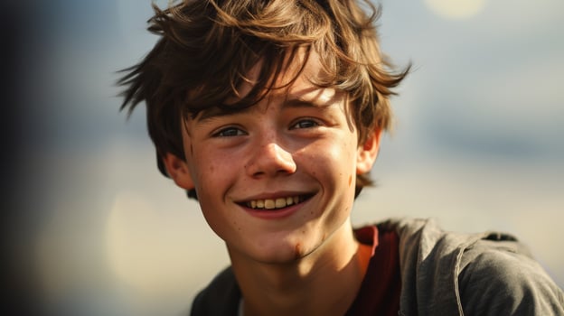 smiling young boy with windblown hair photo