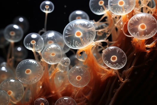 Underwater jellyfish swarm in dark ocean photo