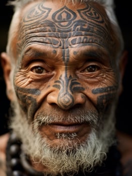 Mature man with intricate tribal tattoo on face photo