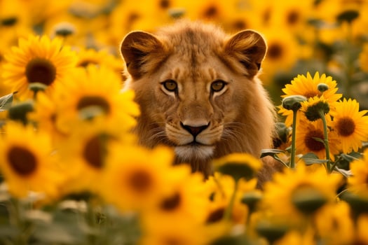 Majestic lion amidst vibrant sunflowers photo