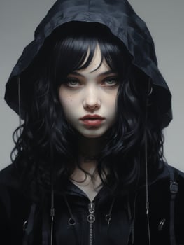 mysterious woman in dark hooded jacket photo