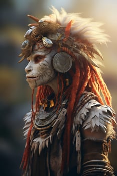 Powerful indigenous warrior with intricate headdress and ornaments photo