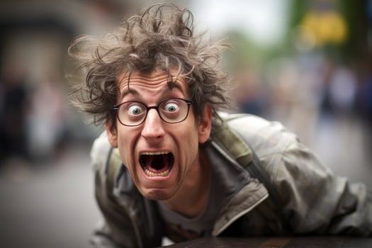 Surprised and shocked man with wild hair and glasses photo