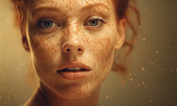 Closeup portrait of a freckled woman with blue eyes photo
