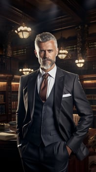 Elegant businessman in a dark suit and tie standing in a classic library setting photo