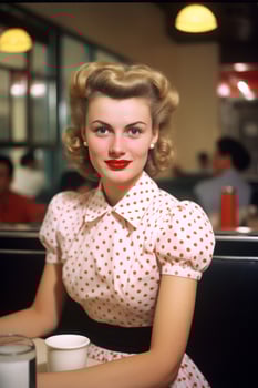 Retro woman in polka dot dress posing in diner photo