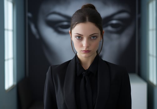 Serious young woman in black suit photo