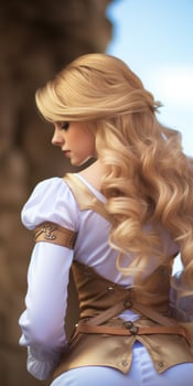 Curly blonde hair woman in white blouse and brown leather outfit photo