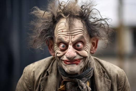 Creepy and bizarre looking man with wild hair and exaggerated facial features photo