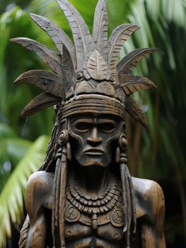 Detailed wooden tribal mask with feathers photo